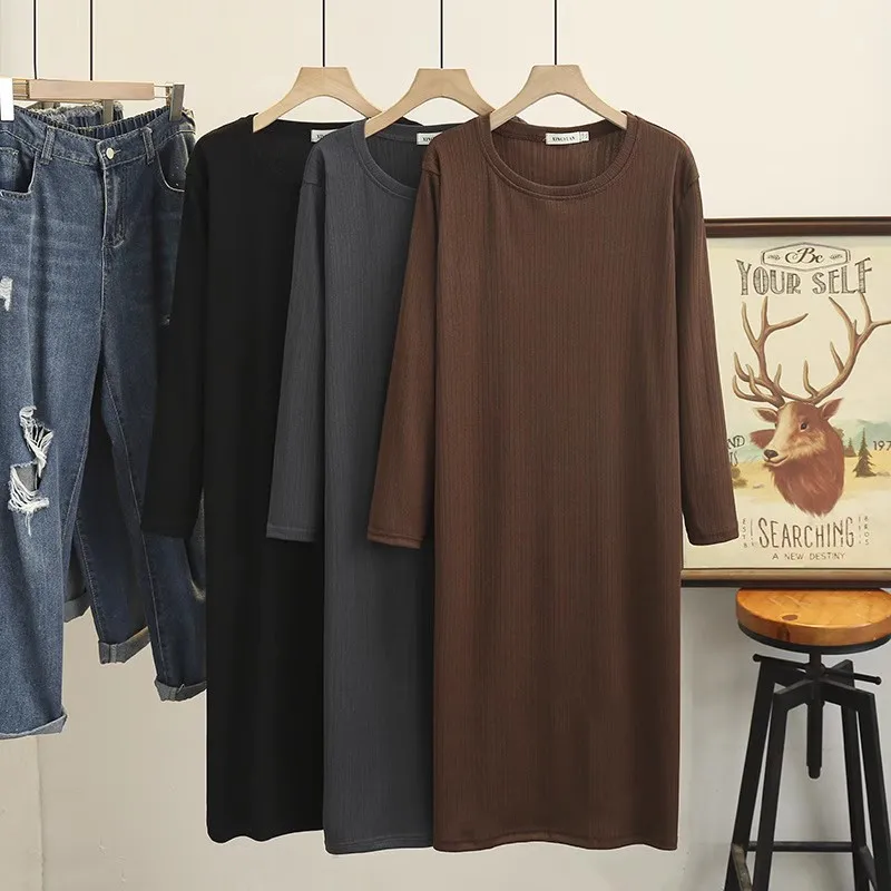 حجم كبير حجم كبير المرأة عادية كم طويل لون نقي فستان ميدي تنورة L XL XXL XXXL XXXL منتظم صالح القطن تخفيف نمط #1