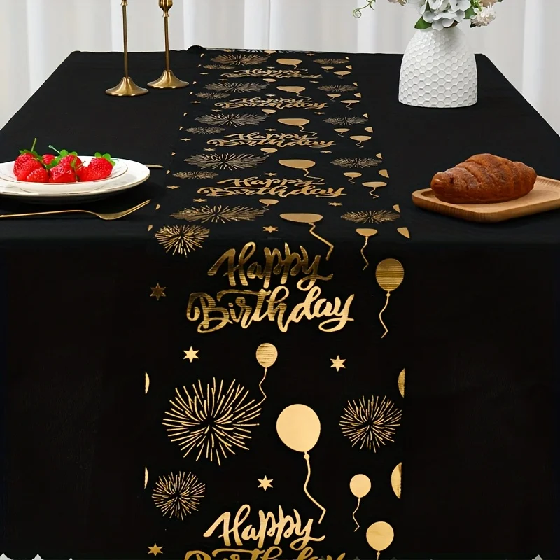 VIKAMA Black Golden Happy Birthday Table Runner Party Table Decor Festive Wreath Print Perfect for Home Gifts Table Ornament