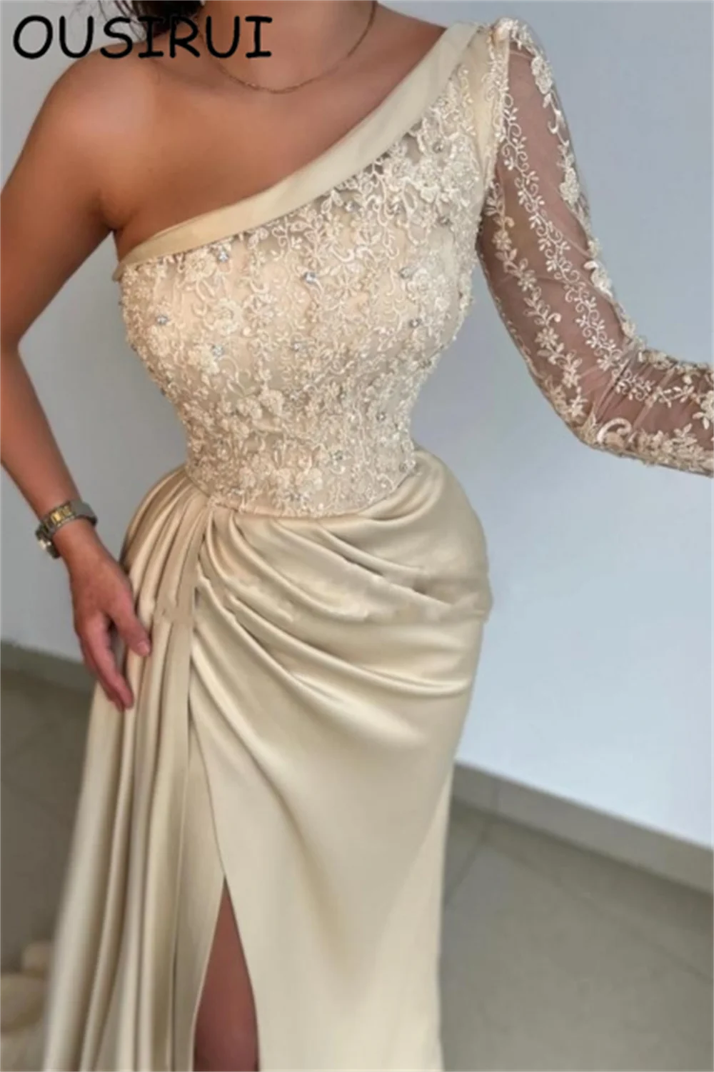 OUSIRUI One Shoulder Satin Solid Dramatic Pleated Prom Party Dresses with Lace Mermaid Court Side Split Evening Prom Gown