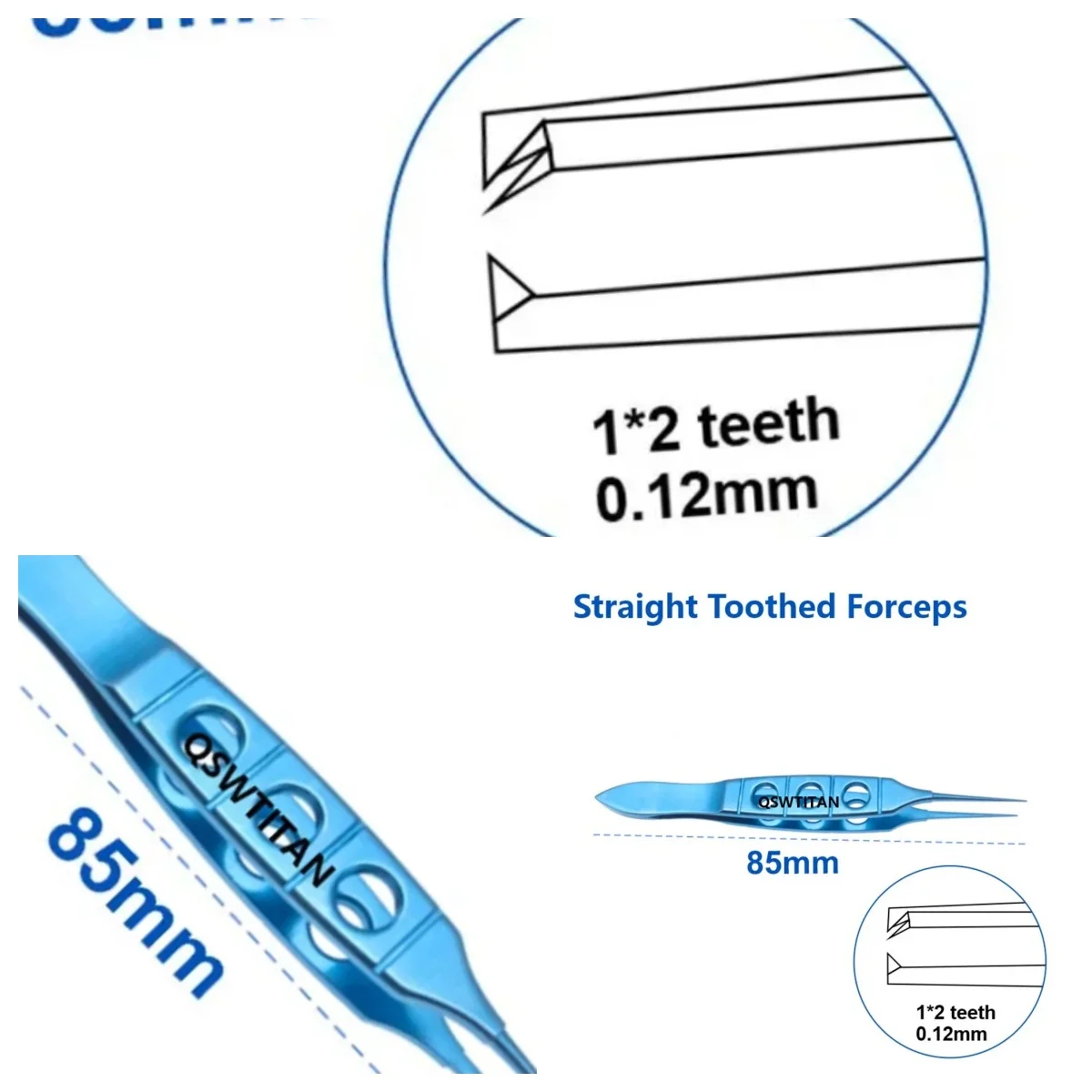 เครื่องมือผ่าตัดตา: คีมปากแหลมตรงทำจากไทเทเนียม ขนาด 85 มม. ฟัน 0.12 มม.