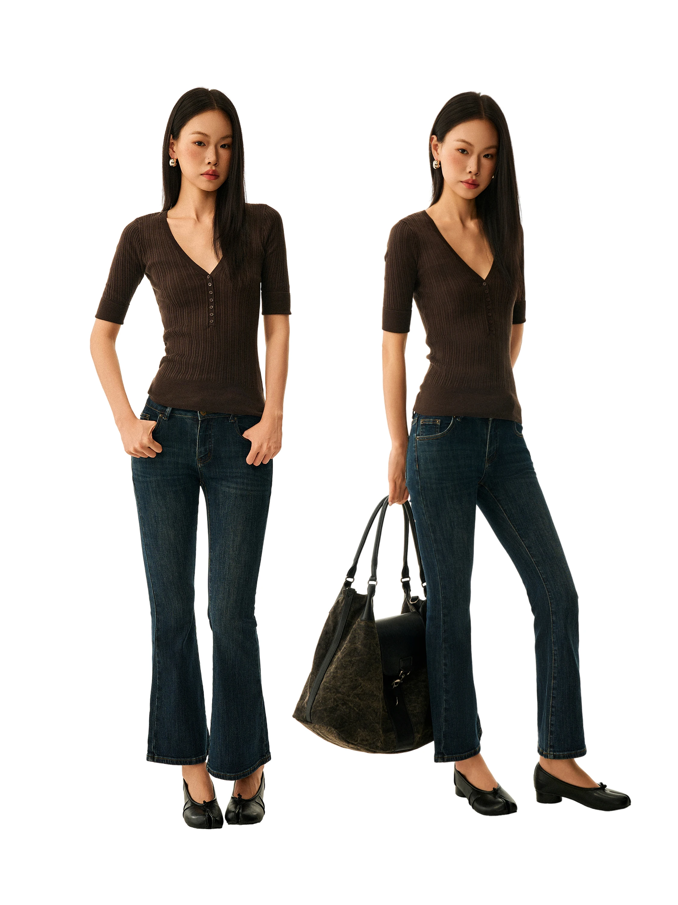 GO GO BURN American Cotton Thread Breathable Vertical Texture V-Neck Henry Collar Five-Quarter Sleeve T-Shirt Women's Autumn ...
