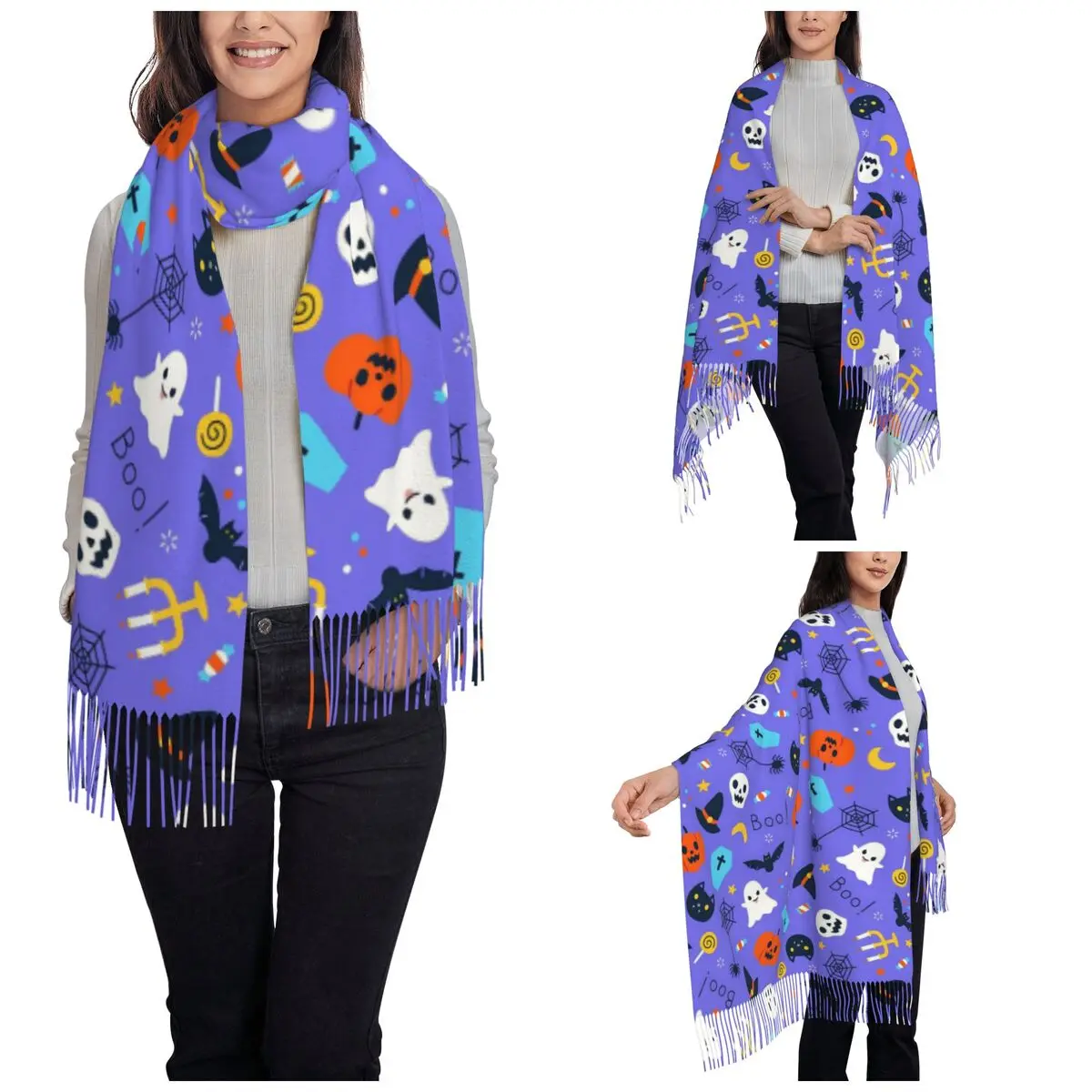 Womens Scarf with Tassel Halloween Bats Pumkin Skull Single-sided Pattern Winter Warm Shawl Wrap Daily Wear Cashmere Scarf