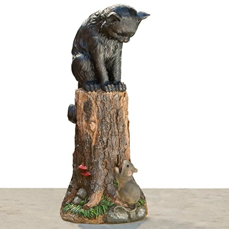 

- Cat and Mouse Garden Statue- Outdoor Kitten on a Stump Sculpture - 17" Polyresin Home Décor Weather Resistant Lawn Ornament
