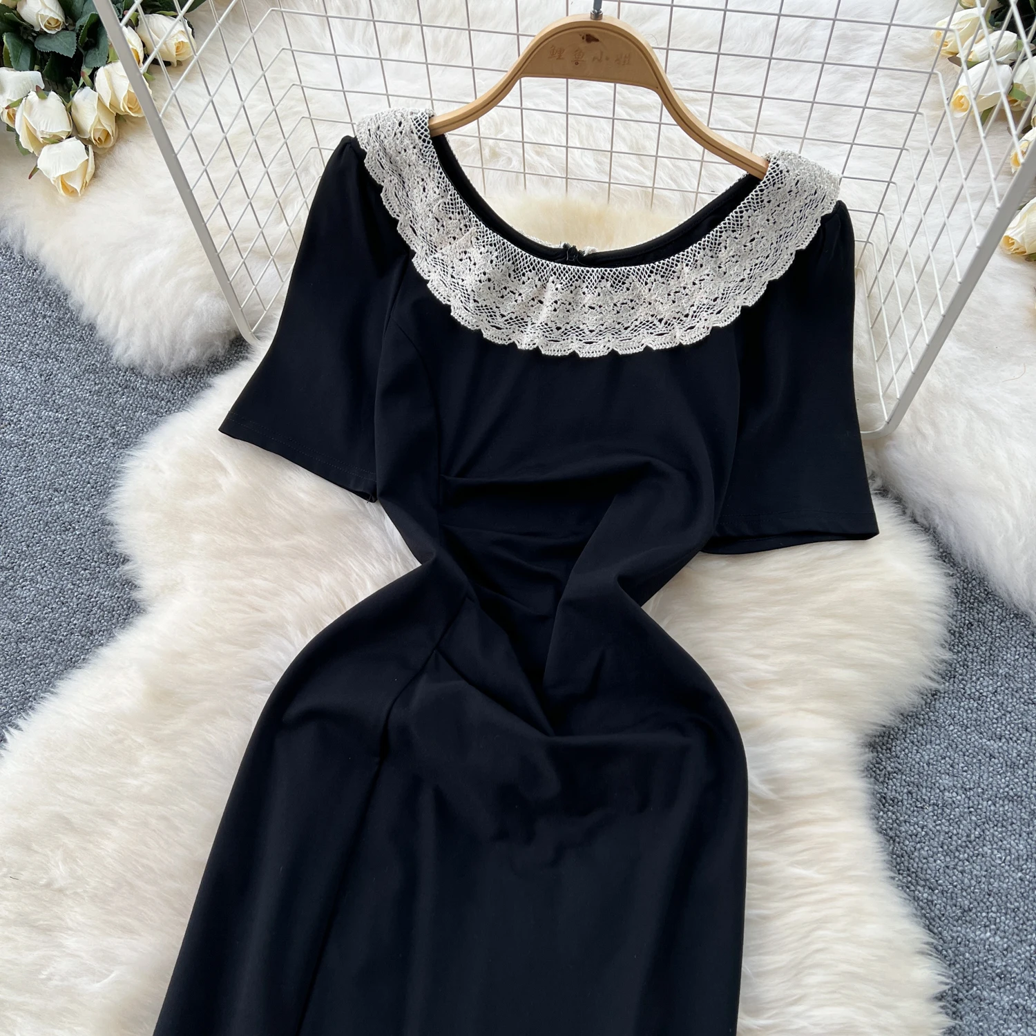 Vintage Lace Round Neck Black Dress Short Sleeved Dress For Women Pleated A Line High Waist Cinched Slit Black Dress