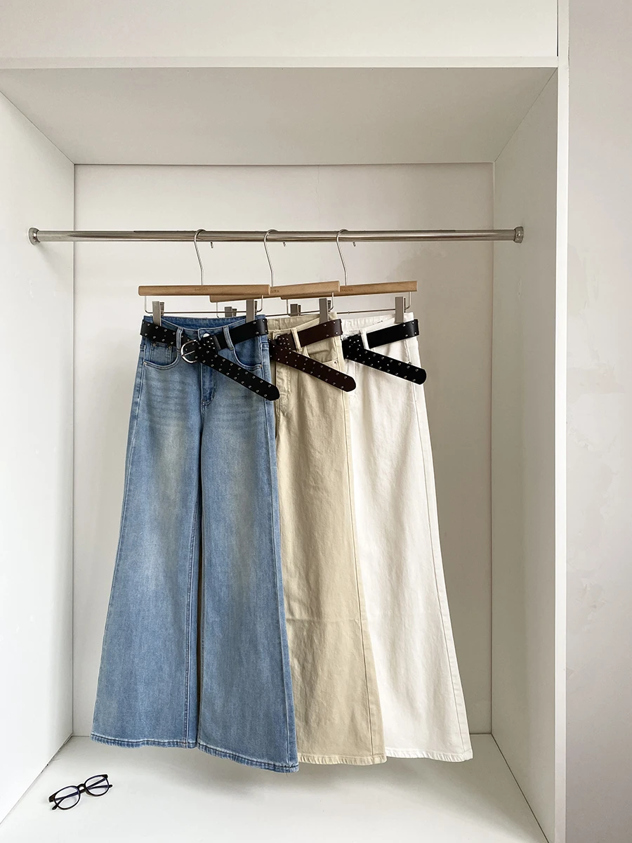 

Spring 2026 High Waist Flared Jeans Women's Commute Fashion Simple Style with Belt Casual Loose Fit Polyester Fiber