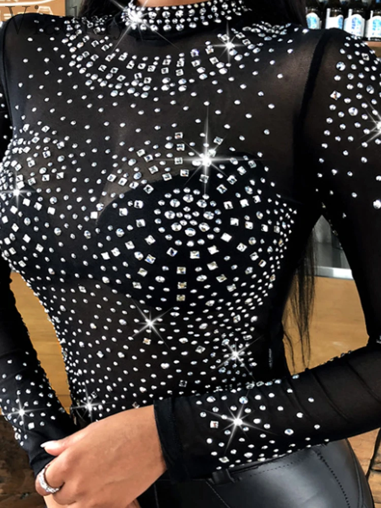 Women Rhinestone Long Sleeve Rompers See Through Skinny Mesh Bodysuits