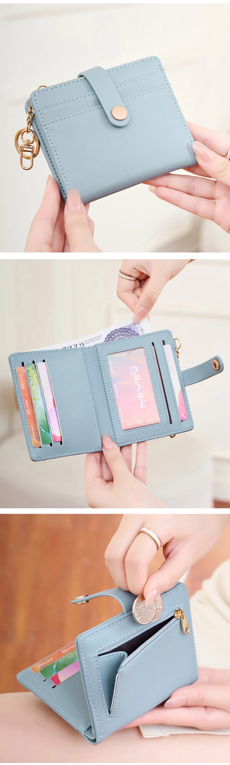 MIYIN Ultradünne Damen-Geldbörse RFID-geschützt, zweifach faltbarer Kreditkarten-/Ausweishalter, minimalistische kurze Geldbörse mit Reißverschluss und Schlüsselanhänger – Detail 7