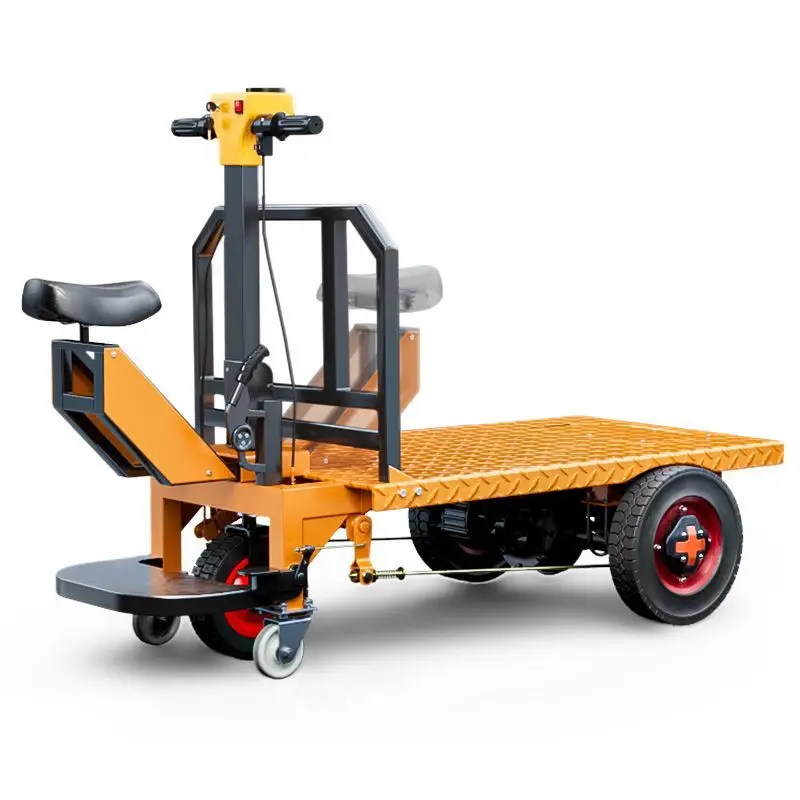 

Electric flatbed truck handling, construction site brick warehouse pulling goods breeding three-wheel transporter