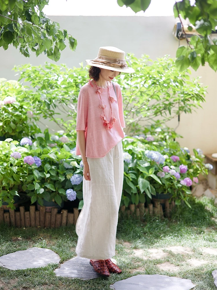 Dopamine Series Blooming 448 Petal Half-length Skirt with Pleats Elasticated Hemline Linen Fabric Casual Style A-line Skirt