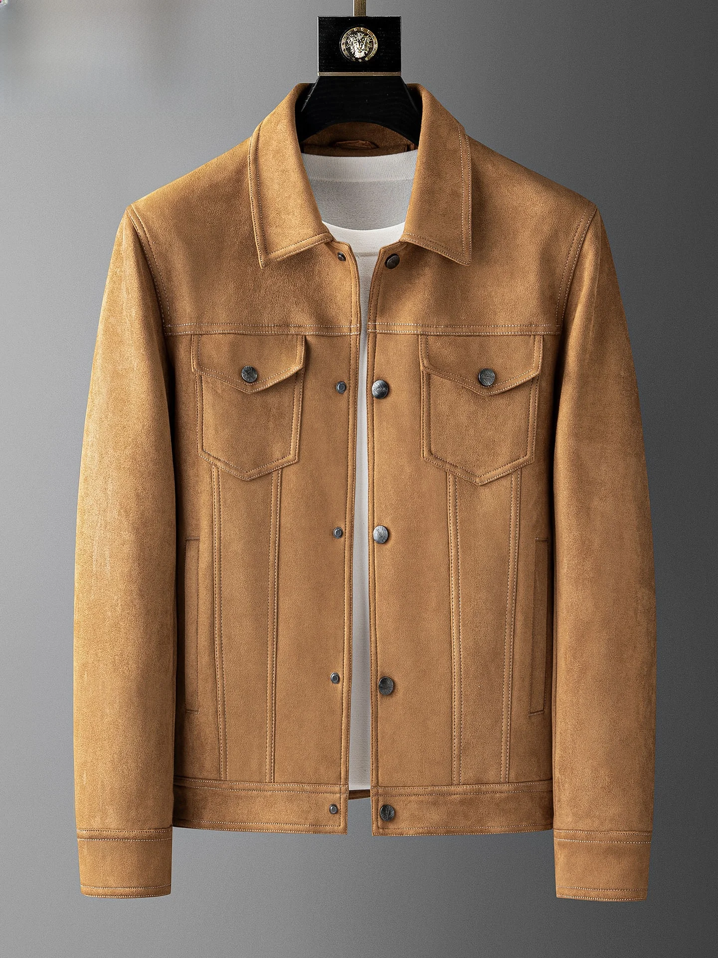 

Мужская замшевая куртка Slim Fit с множеством карманов, осенне-зимняя, модная повседневная верхняя одежда с воротником на пуговицах