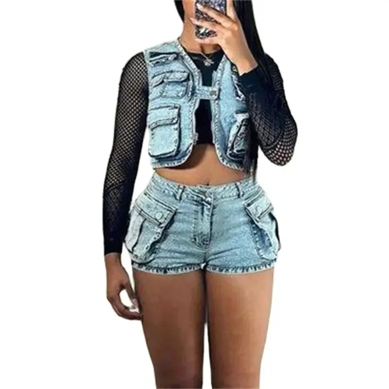 Vintage Zipper Cardigan Short Jacket Women 3D Pocket Splicing Two Piece Sets Denim Shorts Stretch Female Suits Trend Streetwear