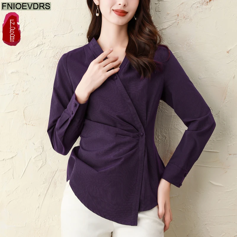 Elegant Basic Shirts New Fashion Woman European Style Autumn Spring Long Sleeve Draped Retro Vintage Peplum Tops