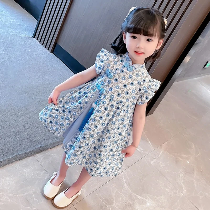 

Kids Girls Dress Summer 2023 New Chinese Style Cheongsam Little Girl Baby Children's Clothing Hanfu Dress 0-6Y