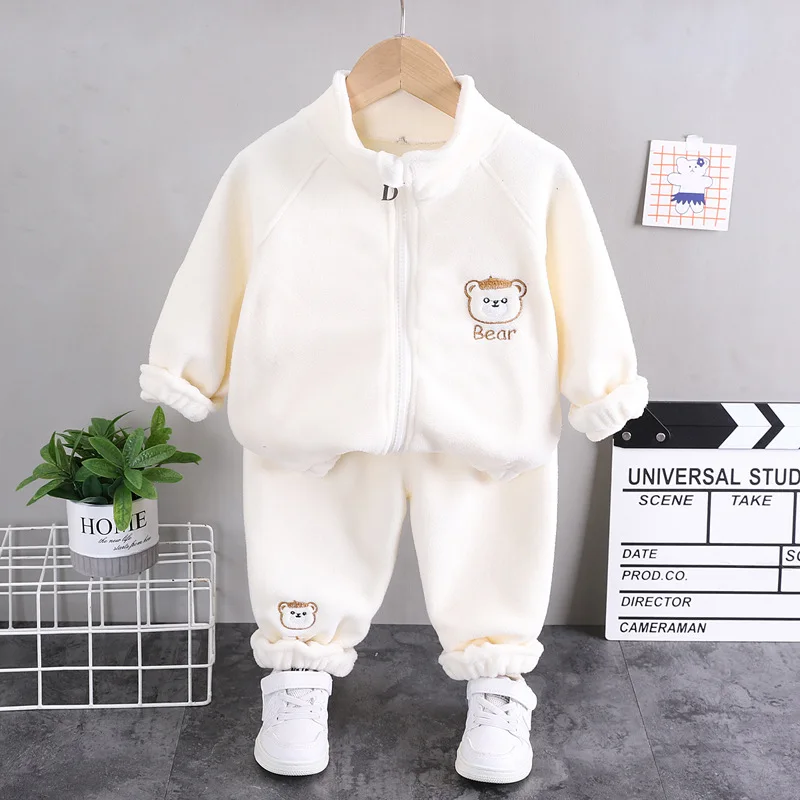 Autumn and Winter New Children\'s Fleece Long sleeved Set 0-5-year-old Baby Bear Plush Sweater Warm Casual Sports Two Piece Set