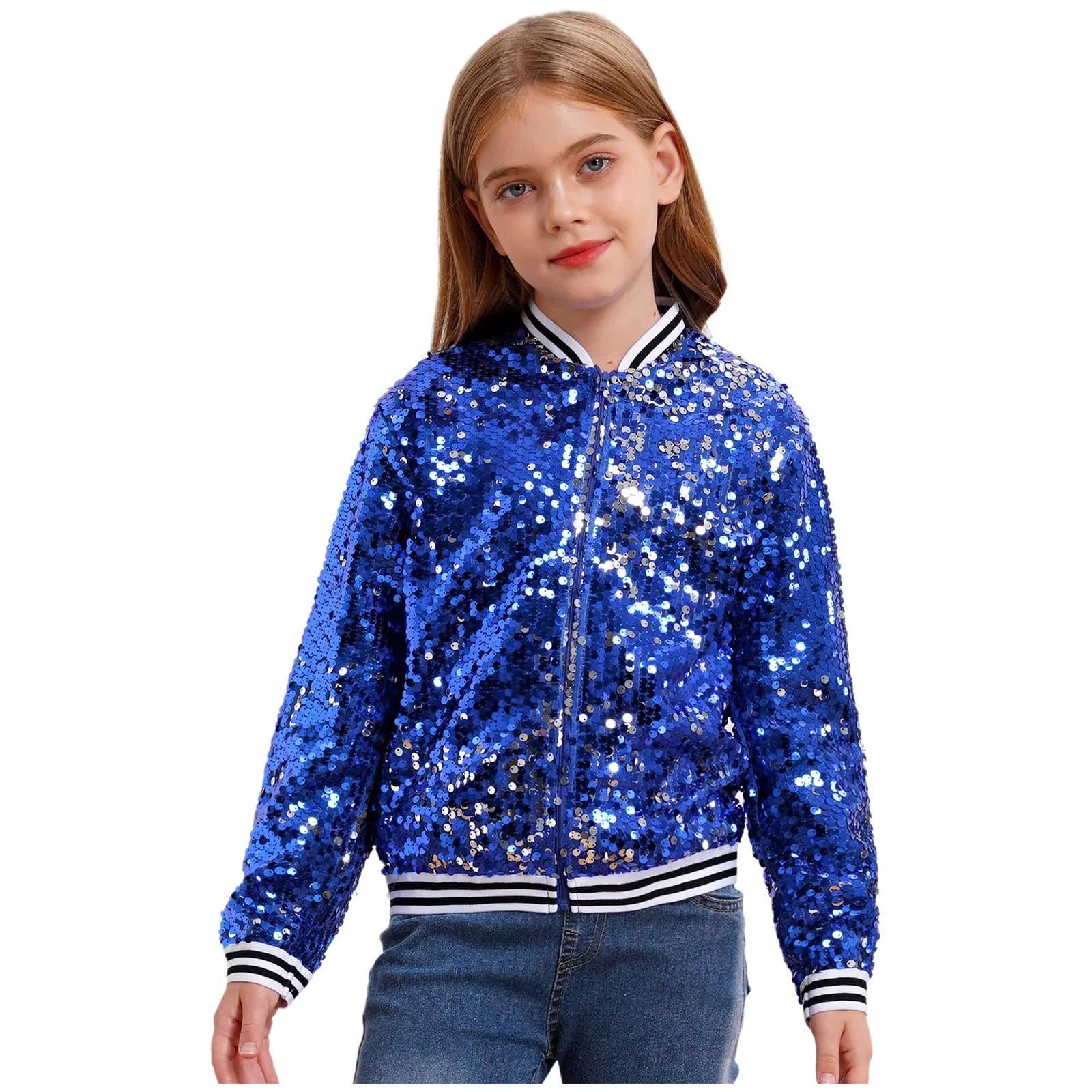 

New Baseball Jackets Coat for Kids Girls Spring Autumn Sparkly Sequin Long Sleeve Zip Up Outerwear Dancing Party Bomber Jackets