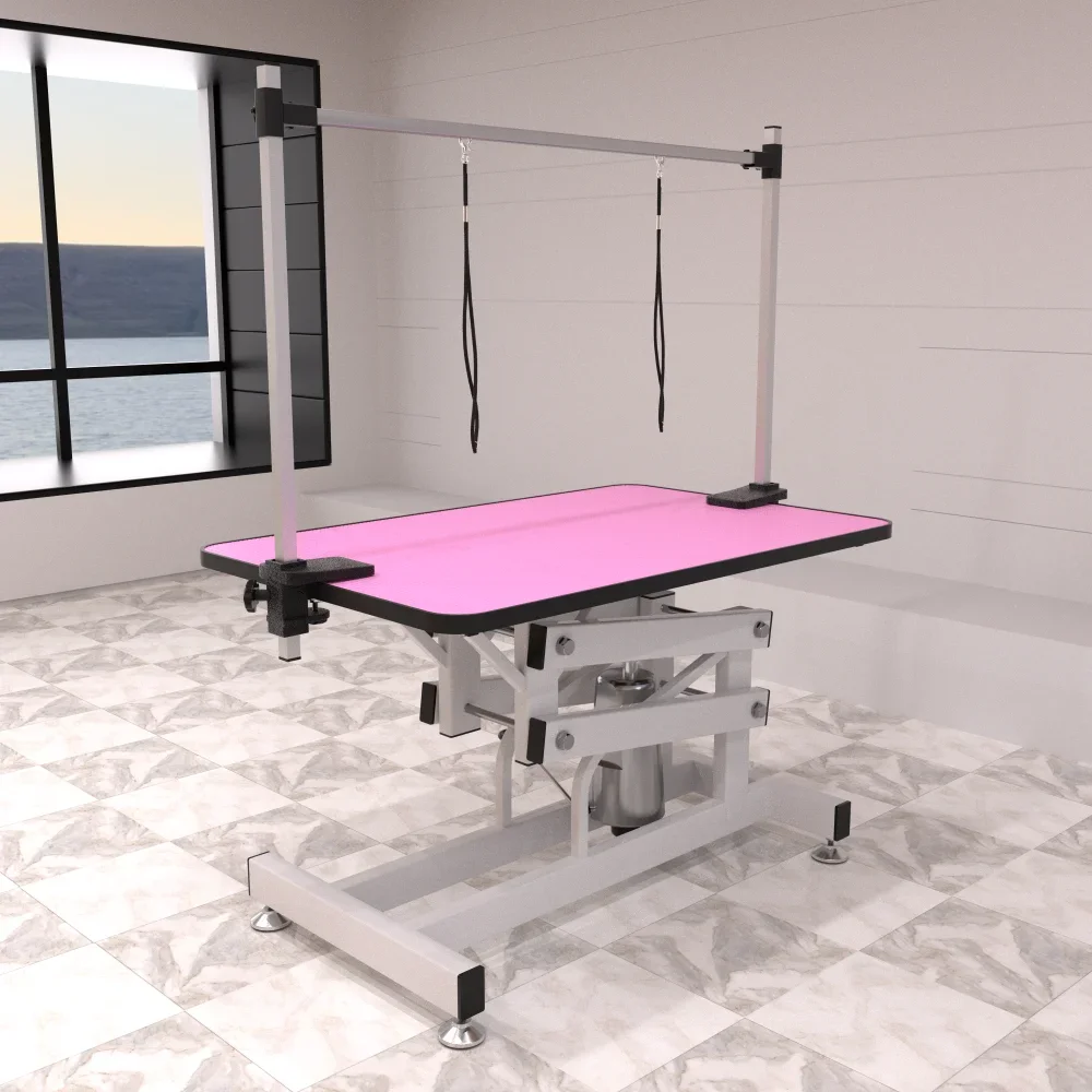 

42.5 INCH HYDRAULIC PET GROOMING TABLE WITH "H" ARM PINK, Combo Item, White+Pink, MDF+Steel