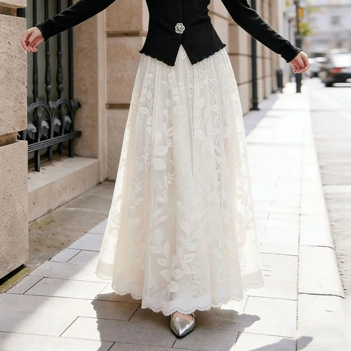 Double-sided Wear White lace + Pleated Skir Thin Temperament And Meat-Covering Skirt Beige Black