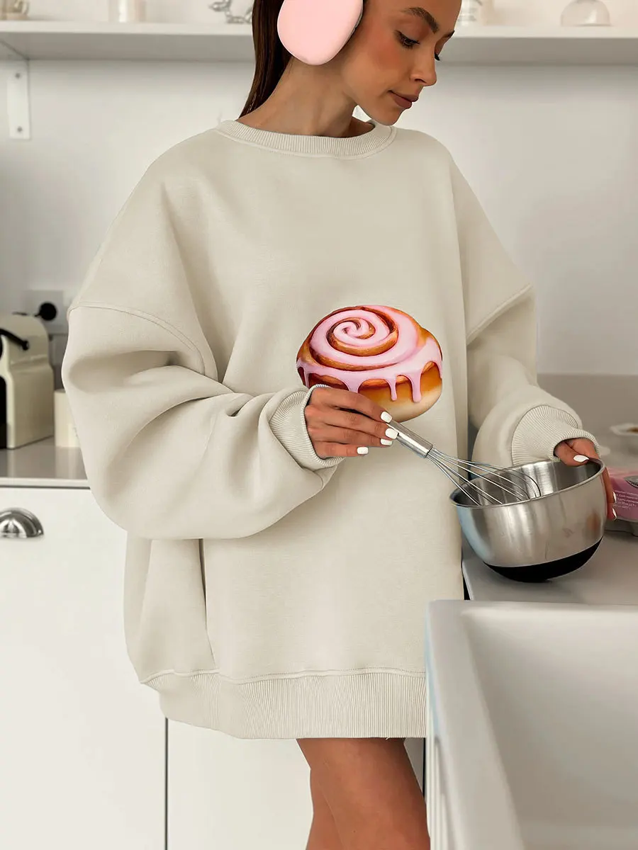 2026 موضة كعكة مطبوعة البلوز المرأة الجديدة الخريف الشتاء أفخم فضفاض التخسيس كم طويل بلوزات س الرقبة كنزة قطيفة #6