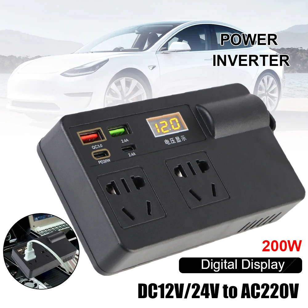 Car Inverter 200W DC 12V/24V to AC 220V Converter ON/OFF Switch QC 3.0 USB/PD/Type-C Chargers Power Adapter Voltage Detection