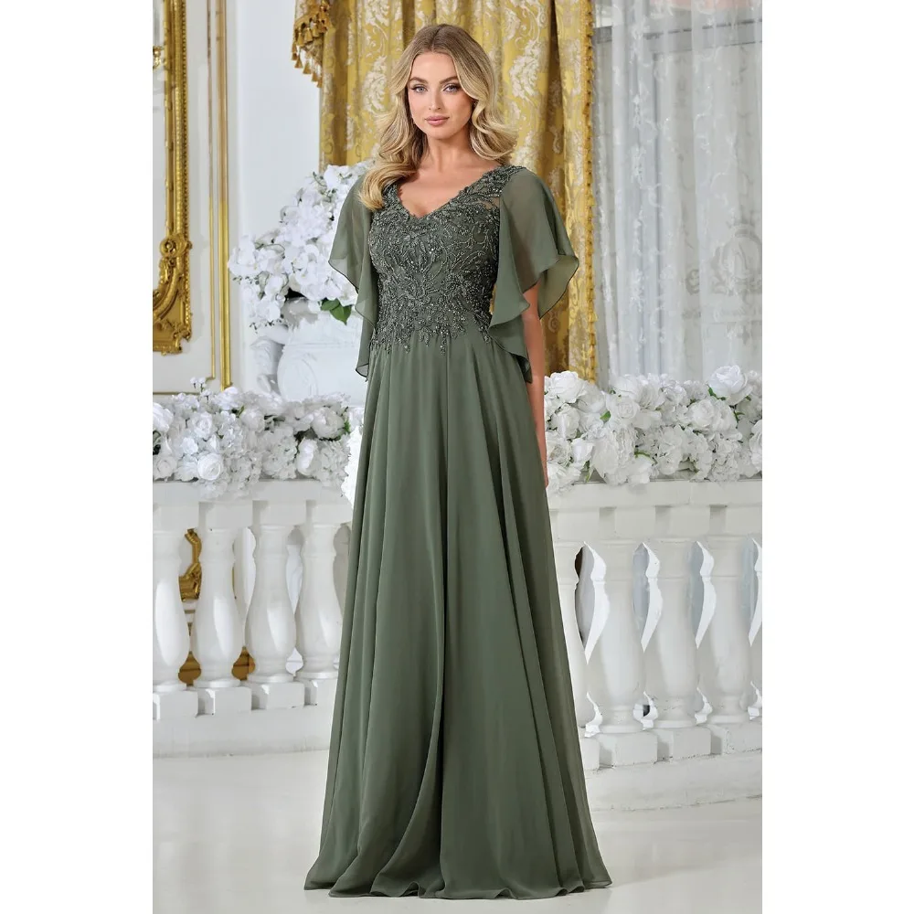 Customized A Line Chiffon Mother of Bride Dress V Neck Flutter Sleeve Lace Appliques Beaded Formal Evening Wedding Party Gown