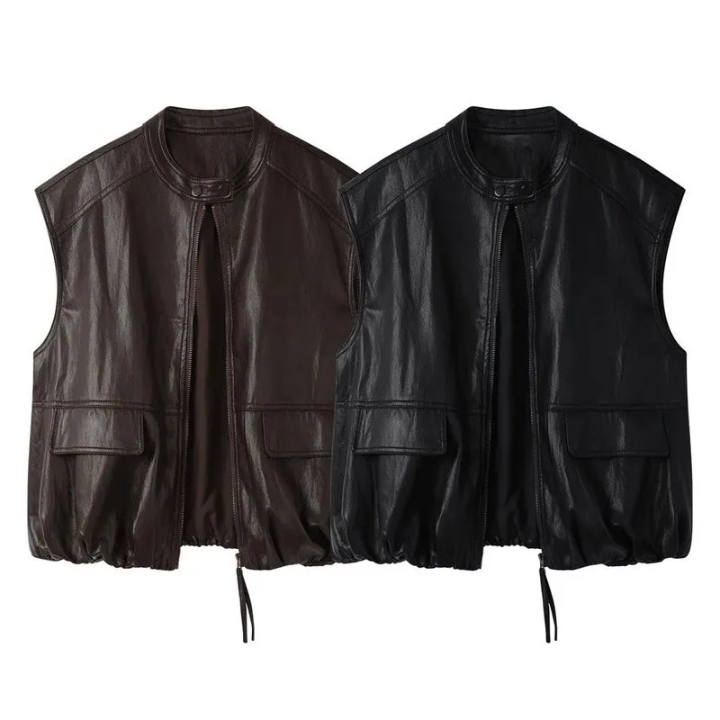 

Men's Retro PU Leather Vest Jaet Large Size Autumn Winter Loose Sle Faionable Youth Polyester Fiber round Ne Top