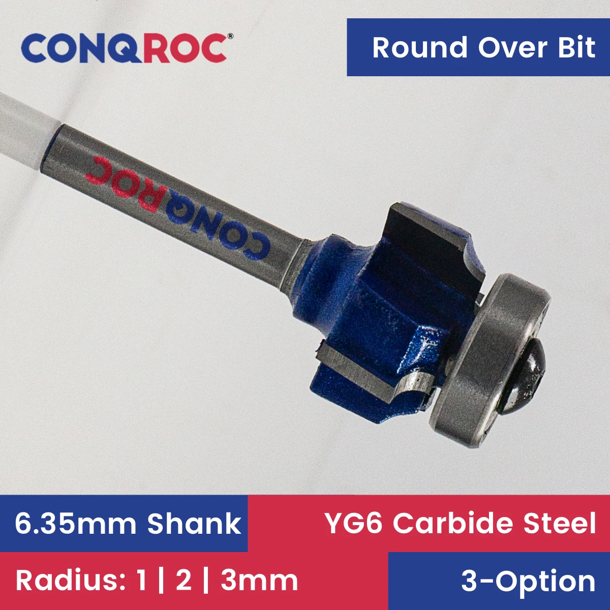 Woodoworking Round Over Router Bit 6.35mm Shank 3-Option Radius 1mm |  2mm | 3mm 4-Wing with Top Bearing