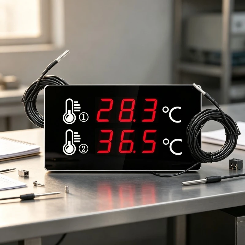 High Precision Waterproof Large Screen Wall Mounted Digital Pool Thermometer Dual Probe External Sensor Indoor Outdoor