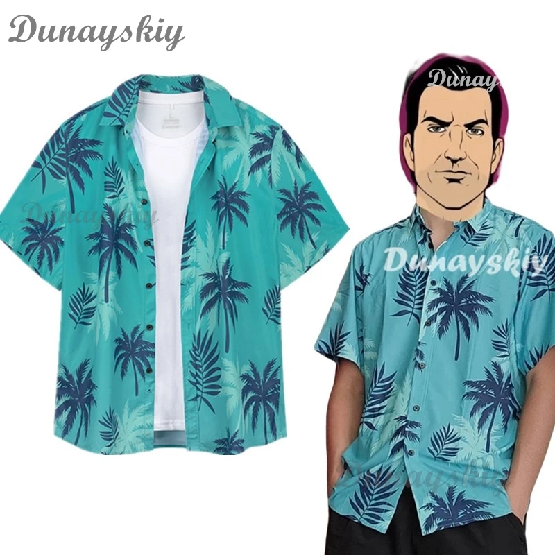 Vice Tommy Cosplay Costume Vercetti Grand Auto Protagonist Player Coast Style Beach Blue T Shirt Summer Halloween Shirt