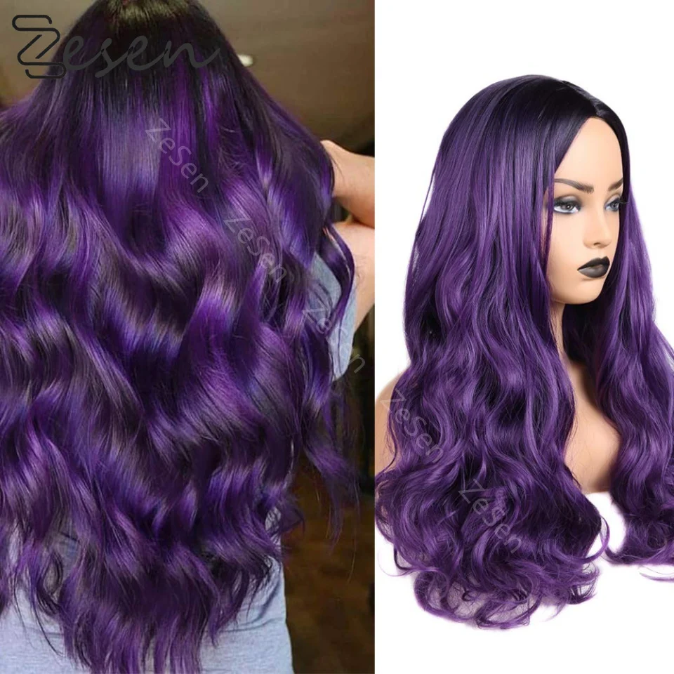 

Ombre Color Body Wave Lace Front Wigs Deep Purple Lace Frontal Wigs for Women Transparent Glueless Pre Plucked Synthetic Hair