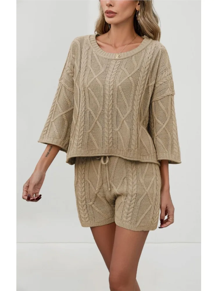 

Casual Twist Solid Color Round Neck Two-piece Sweater Drawstring Shorts Set 2026 Spring And Summer New Women's Clothing
