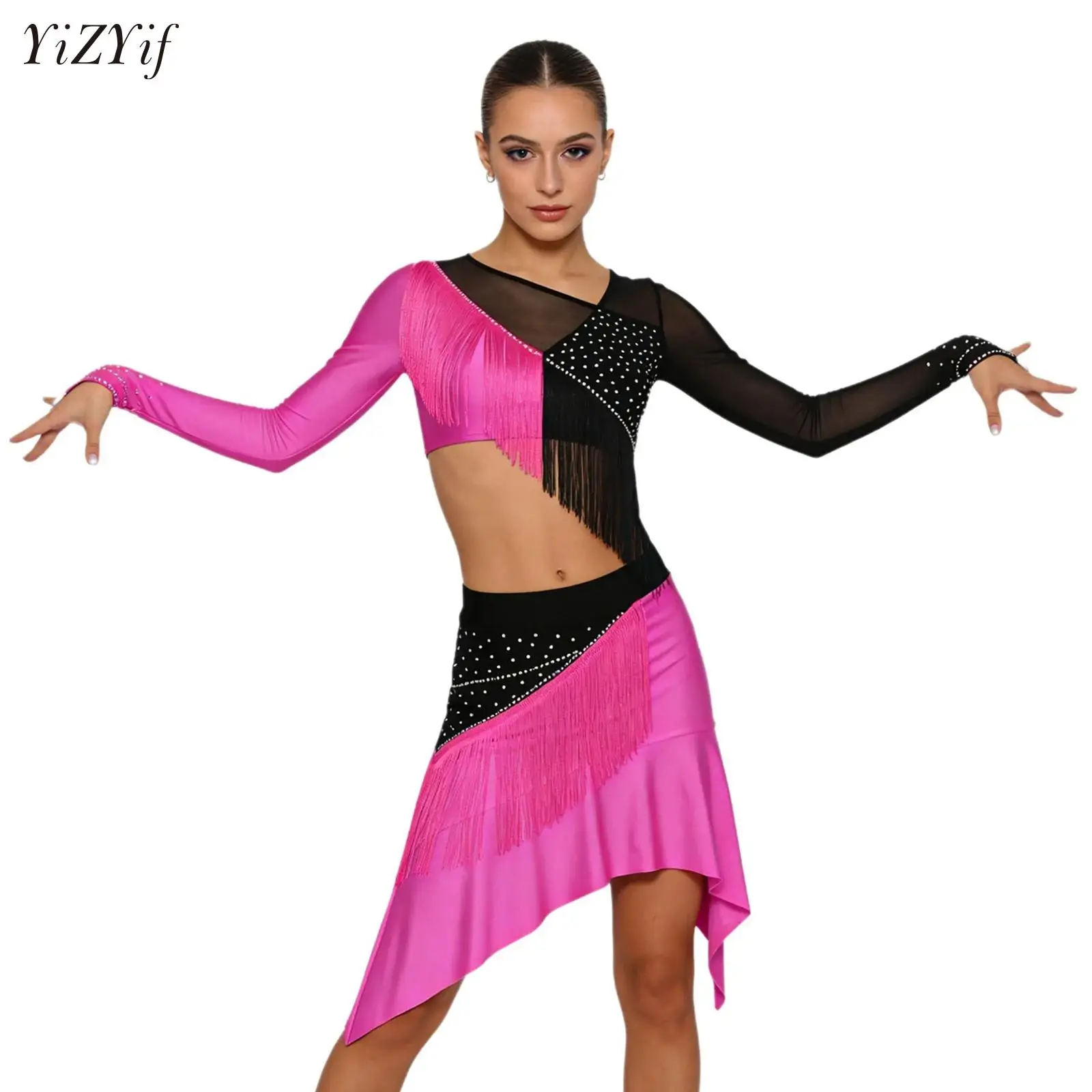 

Ballet Dance Dress for Womens Latin Dance Color Blocking Outfit Long Sleeve Crop Top+Tutu Skirt Set for Salsa Tango Gymnastics