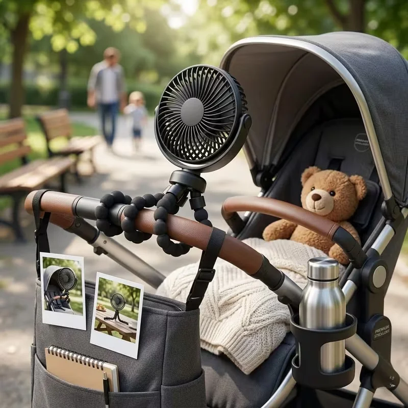 1pc Stroller Fan with Flexible Tripod and Phone Holder, 360° Rotating USB Rechargeable Portable Mini Clip On Fan for Car Seat, C