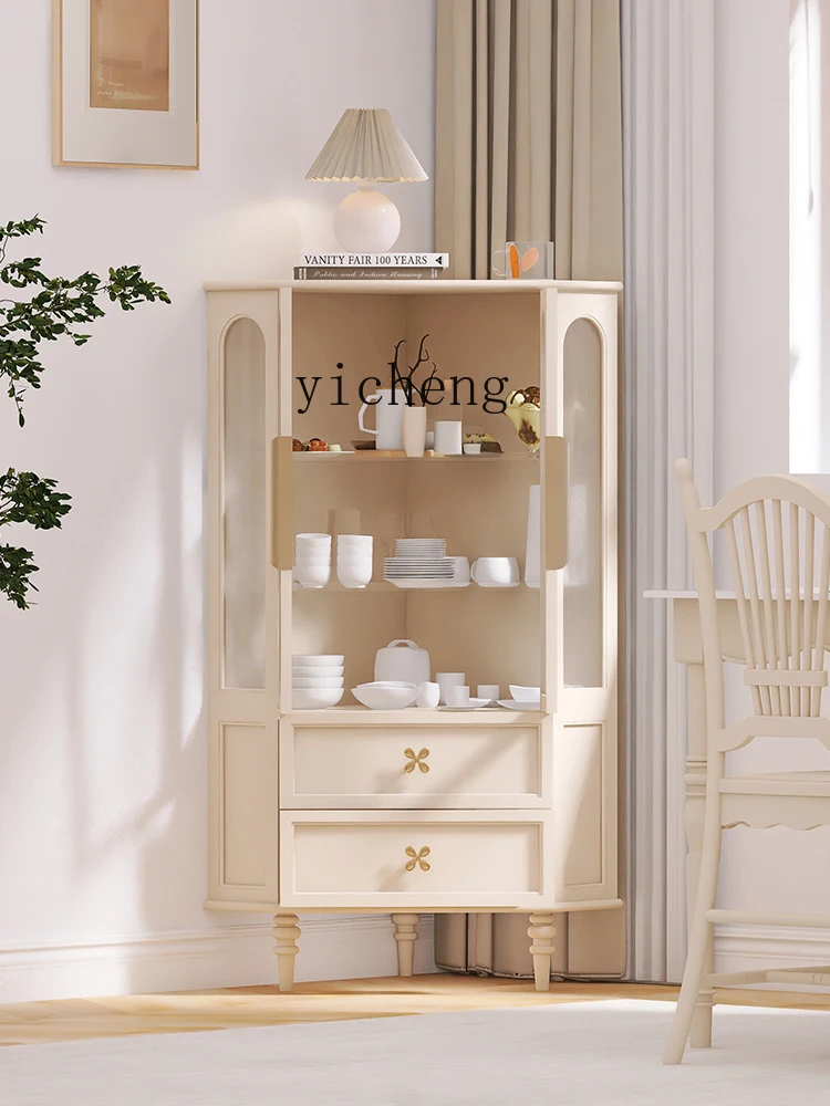 ZK Corner Cabinet Storage Wine Cabinet Home Storage Double Door High Cabinet Living Room Curio Cabinet Cream Style Side Cabinet