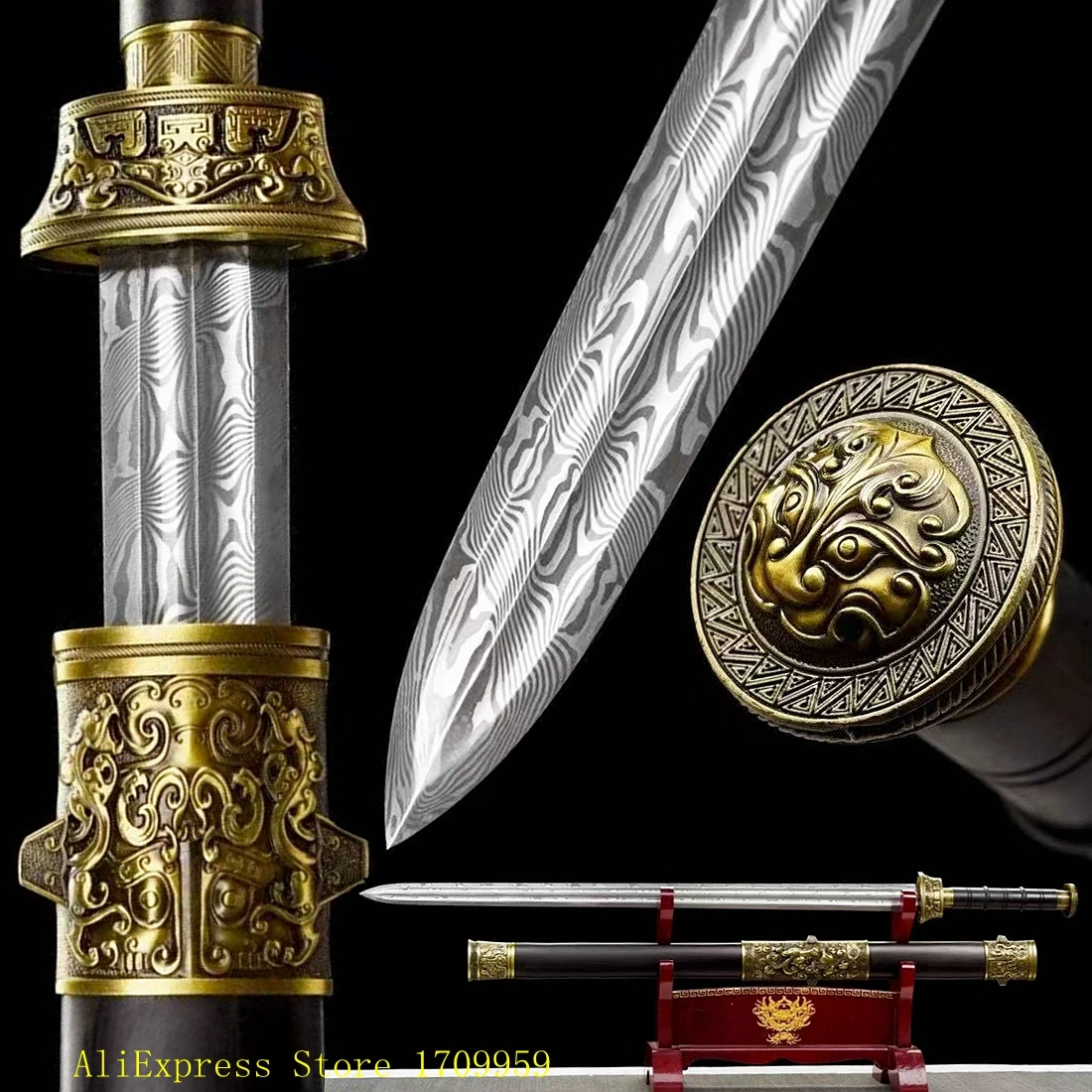 

Functional Sword Chinese Folded High Carbon Damascus Steel Full Tang Handmade Blade Double Groove Battle Jian