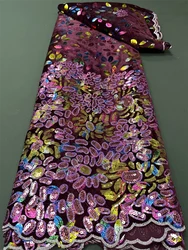 African Nigerian Tulle Lace Fabric with Sequins Embroidery, Sewing Guipure, Velvet Prom Dresses, High Quality, 5Yards hz1259