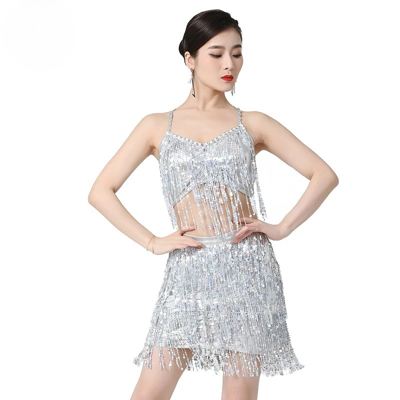 Ensemble de danse latine, robe de danse à franges, robe de spectacle sur scène à paillettes, jupe mi-longue, Costume de danse