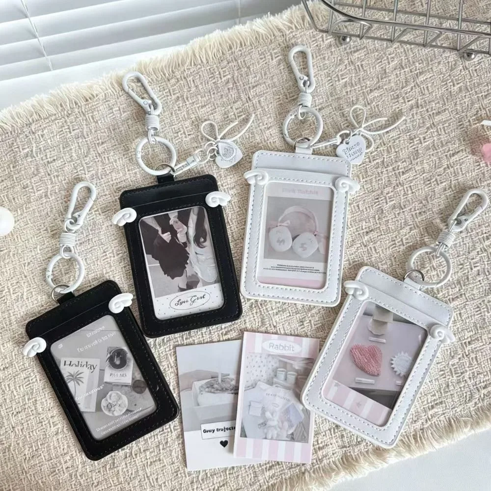 PU Leather Card Holder with Keychain White Wings ID Card Card Holder Bowknot Double Card Slot Photos Protective Cover