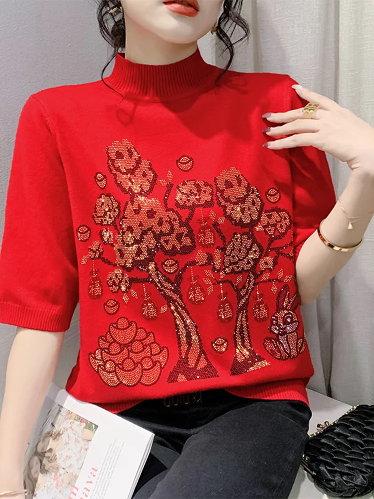 

Winsleter Tradition Sweater Half Sleeve Pullover Women Half Turtleneck Beaded Bunny Year Red Knit Top Autumn Winter T38701JM