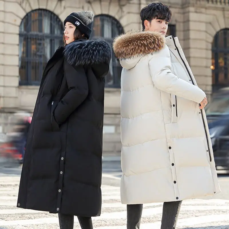 Couple Jacket Winter Thickened Over Knee Long Down Jacket Men's Loose Hooded Cold-proof Warm Large Size Student Coats Women