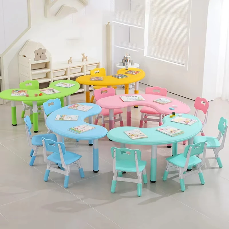 Moon Shape Kids' Plastic Tables and Chairs Set Kindergarten School Furniture