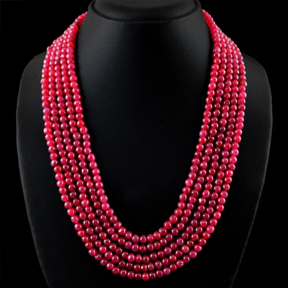 651.50 CTS ENHANCED 5STRANDS GENUINE RED RUBY ROUND SHAPE BEADS NECKLACE