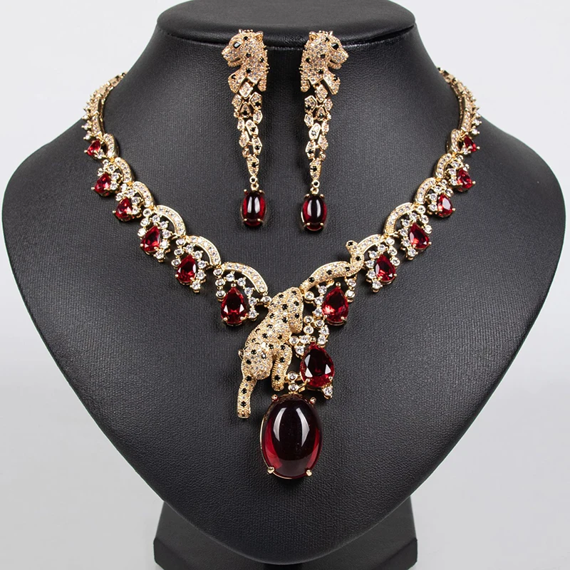 Super Luxury SENYU Leopard Design Necklace Earrings Jewelry Sets Beautiful Big Egg Shape Stone Pendant Necklace for Women Party