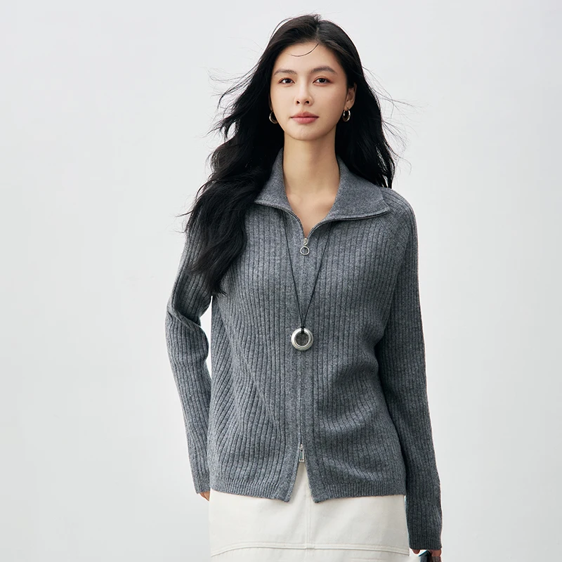 ฤดูใบไม้ผลิฤดูใบไม้ร่วง 100% ขนสัตว์ผู้หญิงเสื้อสเวตเตอร์ถักแขนยาวซิปความยืดหยุ่นสูงเสื้อกันหนาวนุ่มและBreathableคุณภาพสูงแฟชั่น