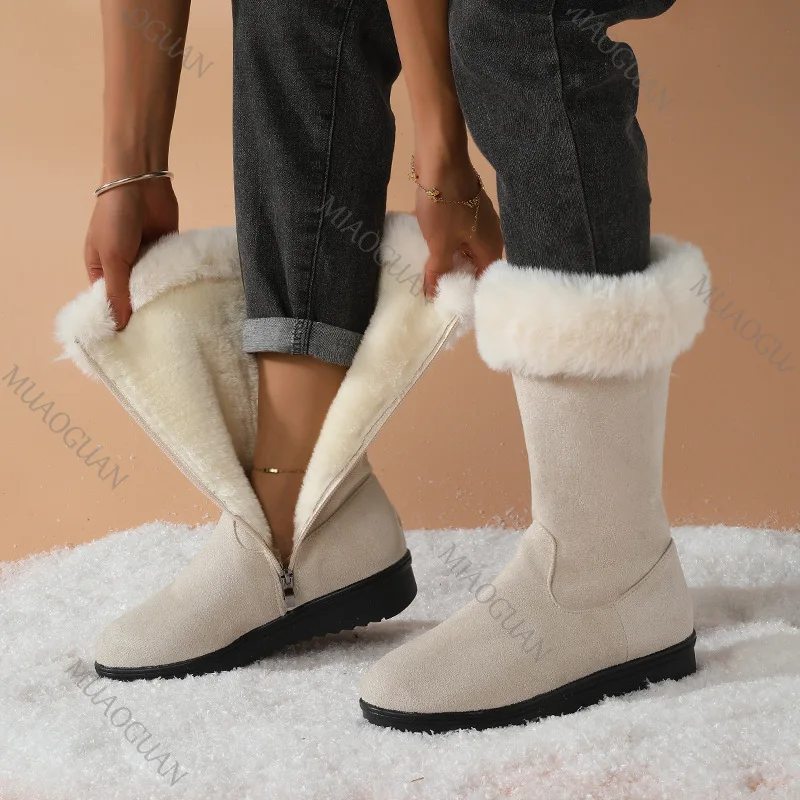 Botas De Nieve De Invierno Para Mujer, Media Pantorrilla, Peludas Y Cálidas, Con Cremallera Lateral, Gamuza Informal_voghion.com
