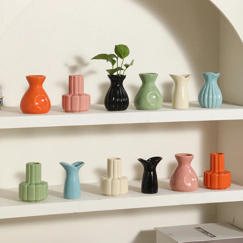 Mini Multicolor Ceramic Vase Small Groove Texture Vase Desktop Decoration Vase Dried Flowers Hydroponic Plant Home Decoration