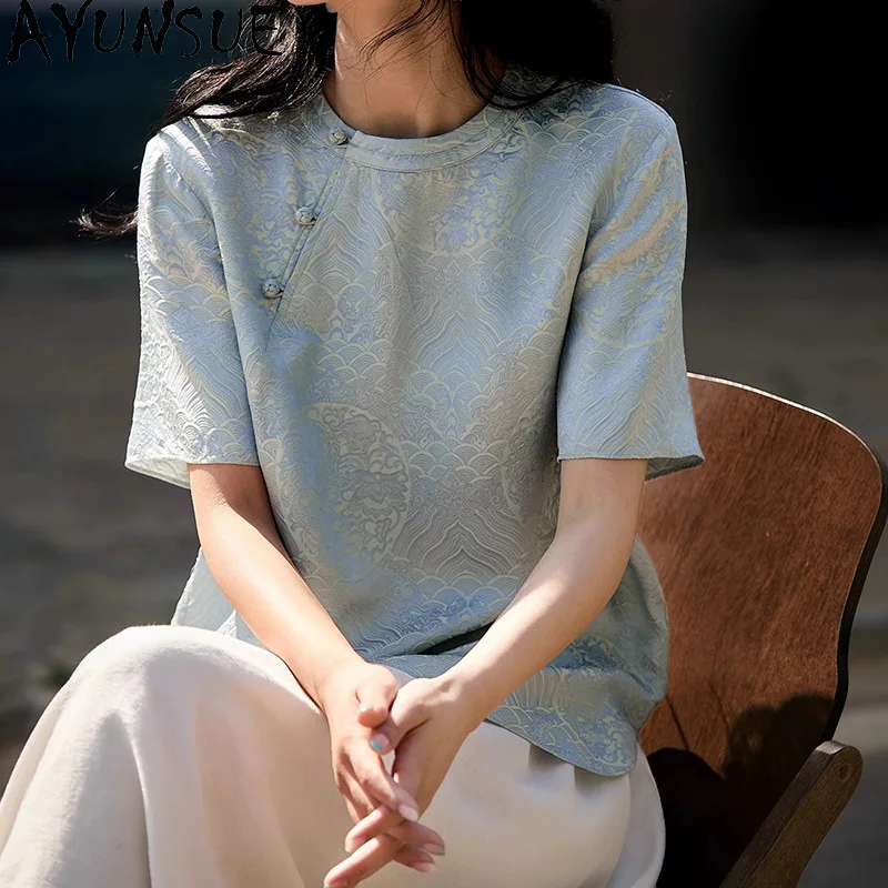 AYUNSUE Silk Women's T-shirts New Chinese Style Jacquard Blouse Short Sleeve Blue Tops for Woman Summer Clothing Woman Одежда