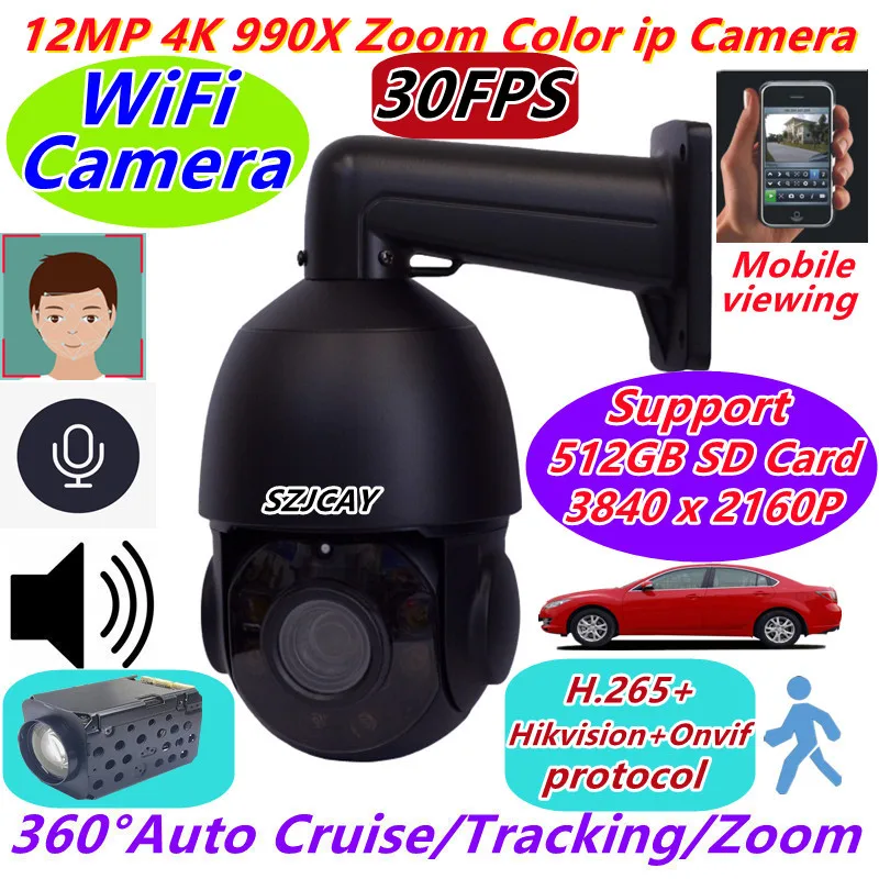 Onvif 12MP 4K 30fps Wireless Wifi Camera 990X Zoom Outdoor ai Human tracking POE PTZ Srveillance IP Camera Hikvision Dahua iCSee