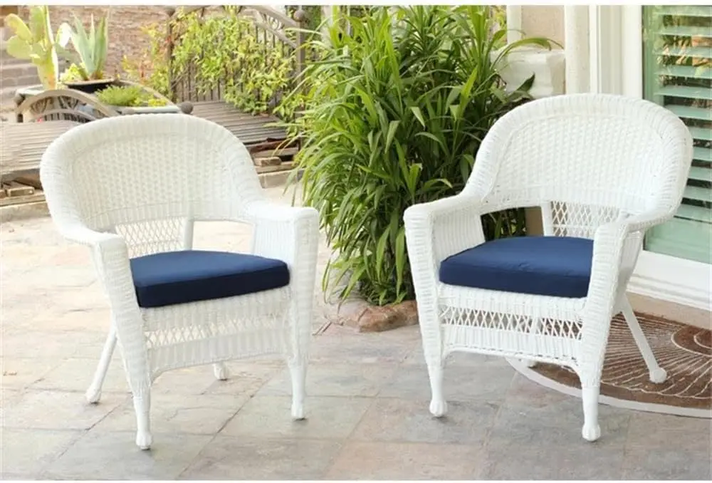 Wicker Chair with Blue Cushion, Set of 2, White/W00206-