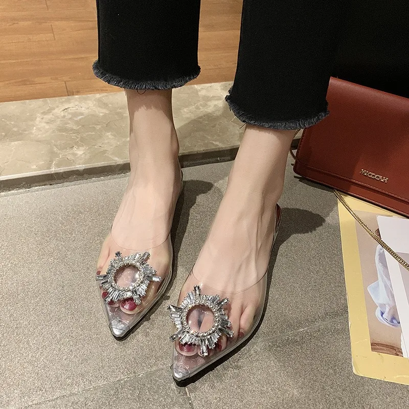 Women High Heel Sandals Summer Pointed Toe Rhinestone Low Heel Thickened Transparent Fashion Crystal Fashion Sandals for Women