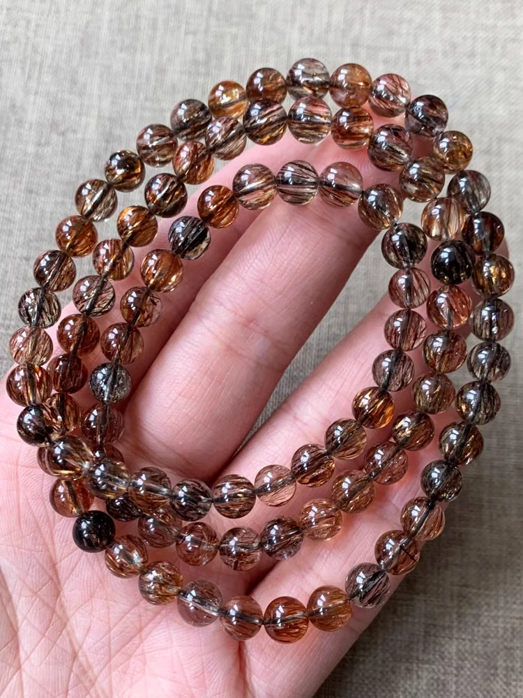 Natural Black Gold Super Seven Rutilated 3 Laps Bracelet 6mm Jewelry Clear Round Beads Copper Rutilated Women Men AAAAAA